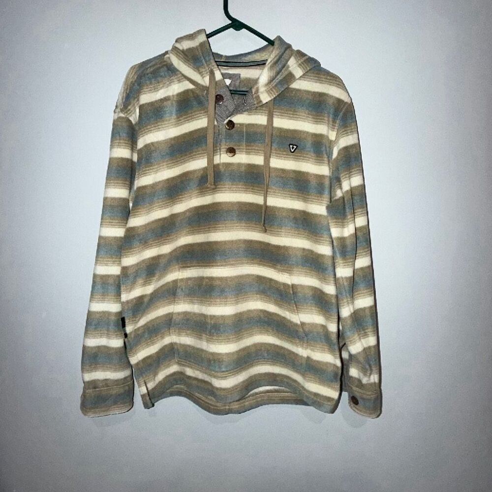 Vissla Mens Large Striped Hooded Henley Pullover Fleece Hoodie Beige Blue #900